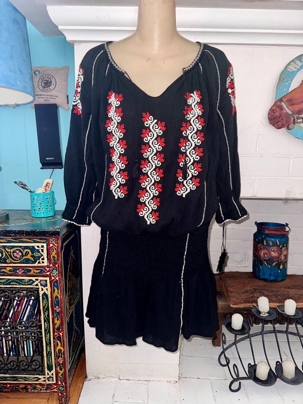 ULLA JOHNSON BLACK 100% COTTON GAUZE EMBROIDERED PEASANT DRESS 2